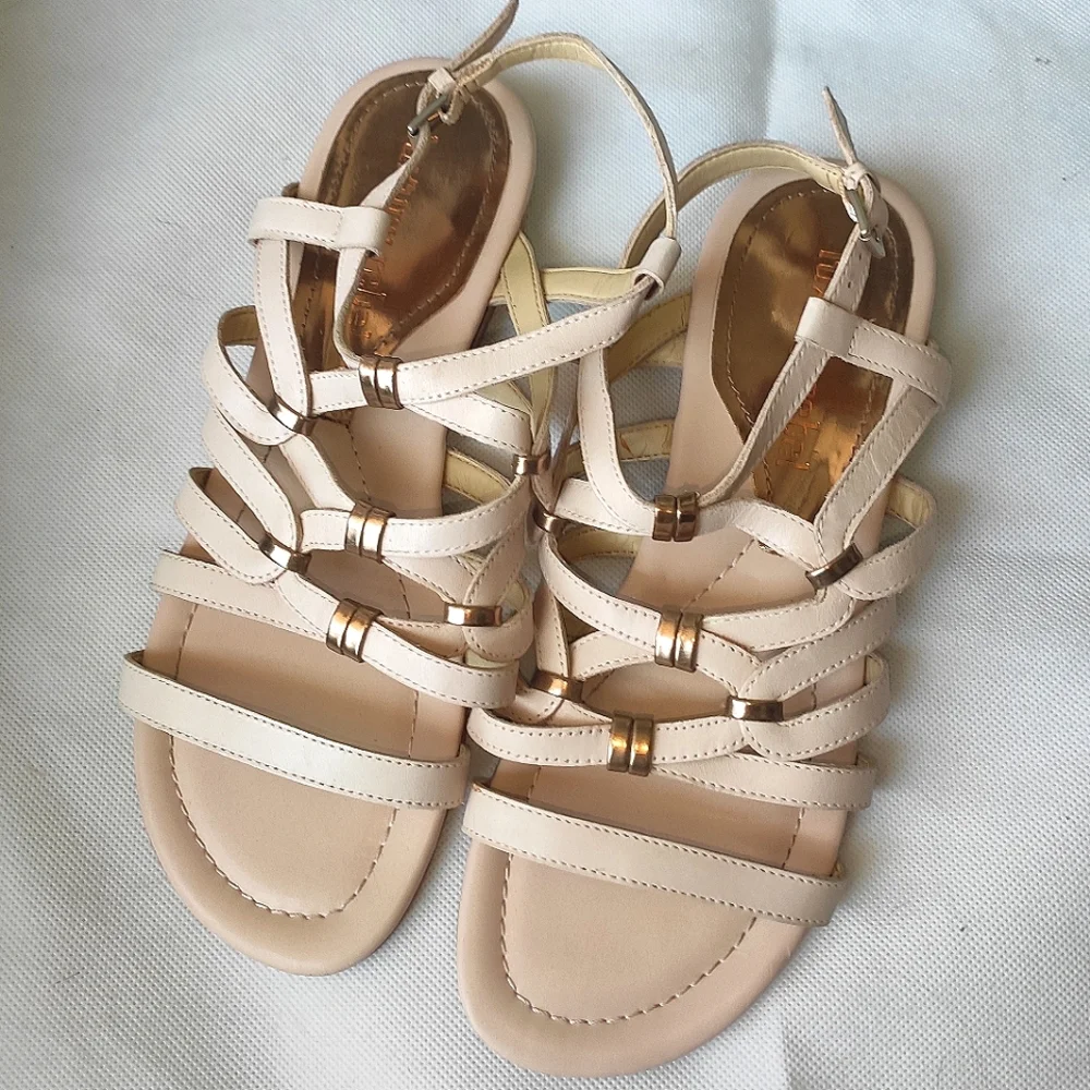 Luxury Rebel Blush Leather Designer Strappy Low Wedge Sandal